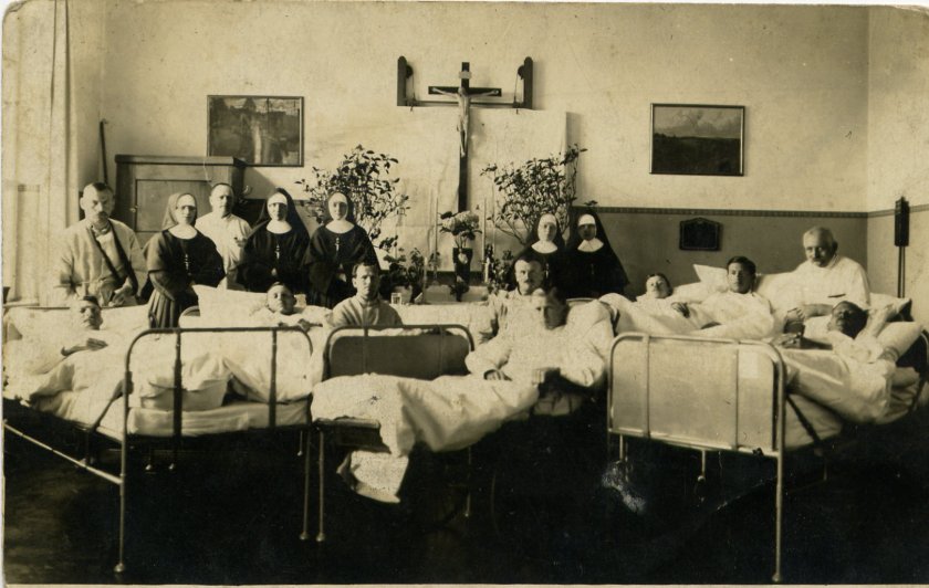 My great-grandpa Jakob Bettinger in a WWI field hospital.
